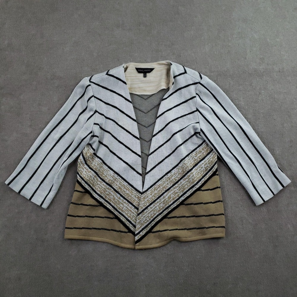 Ming Wang Cardigan Sweater Womens Large White Stripe Open Front Knit 3/4‎ Sleeve